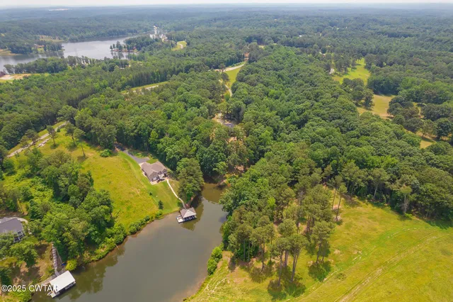an aerial view of residential houses with outdoor space and trees