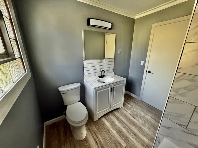 a bathroom with a toilet a sink and a mirror