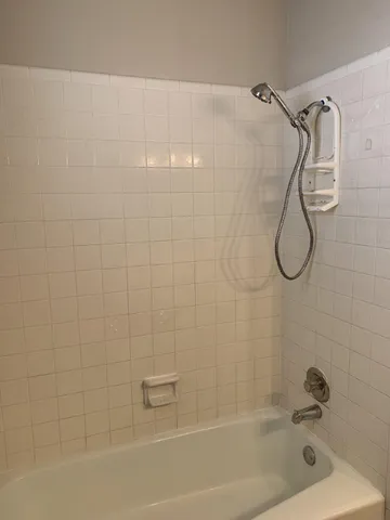 a bathroom with a bath tub with a shower