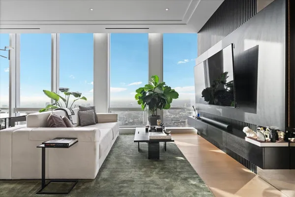 a living room with furniture and a potted plant