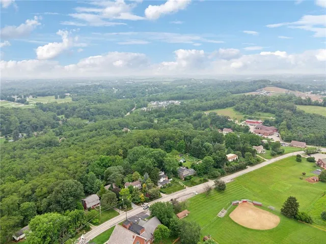 a view of a city with lush green forest