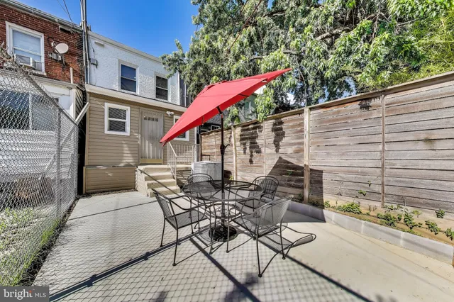a roof deck with table and chairs