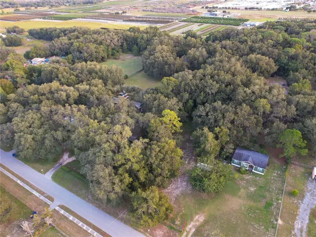 an aerial view of residential houses with outdoor space and trees