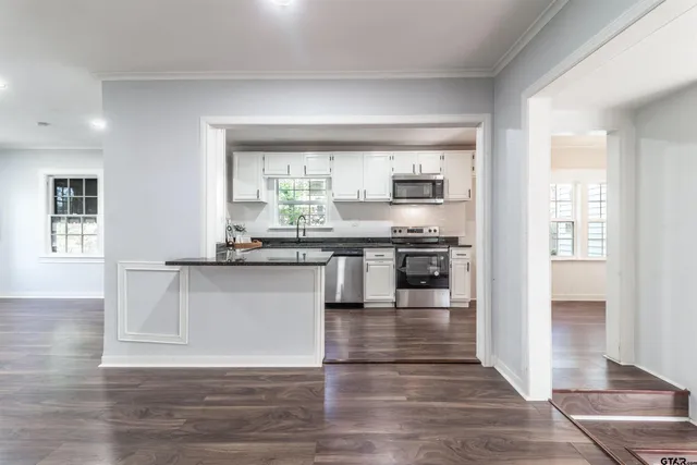 a kitchen with granite countertop wooden floors and stainless steel appliances