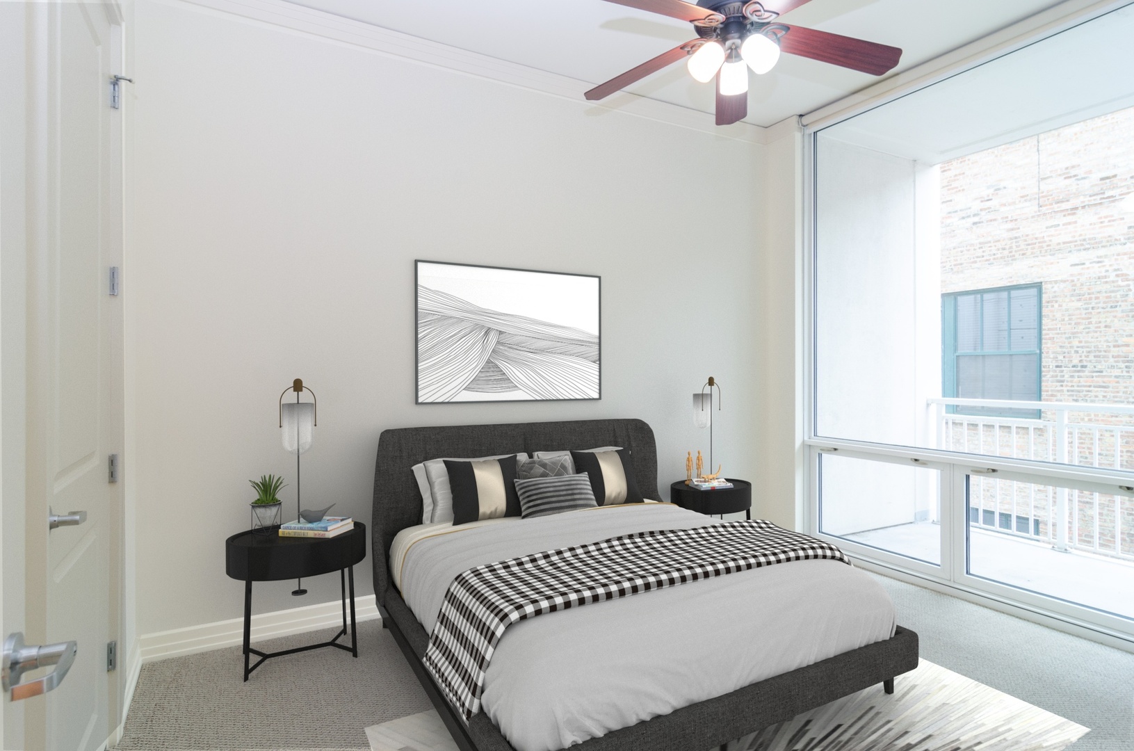 170 West Polk Street, Unit 906 Chicago, IL 60605 - Photo 11 of 18 a bedroom with a bed and a chandelier