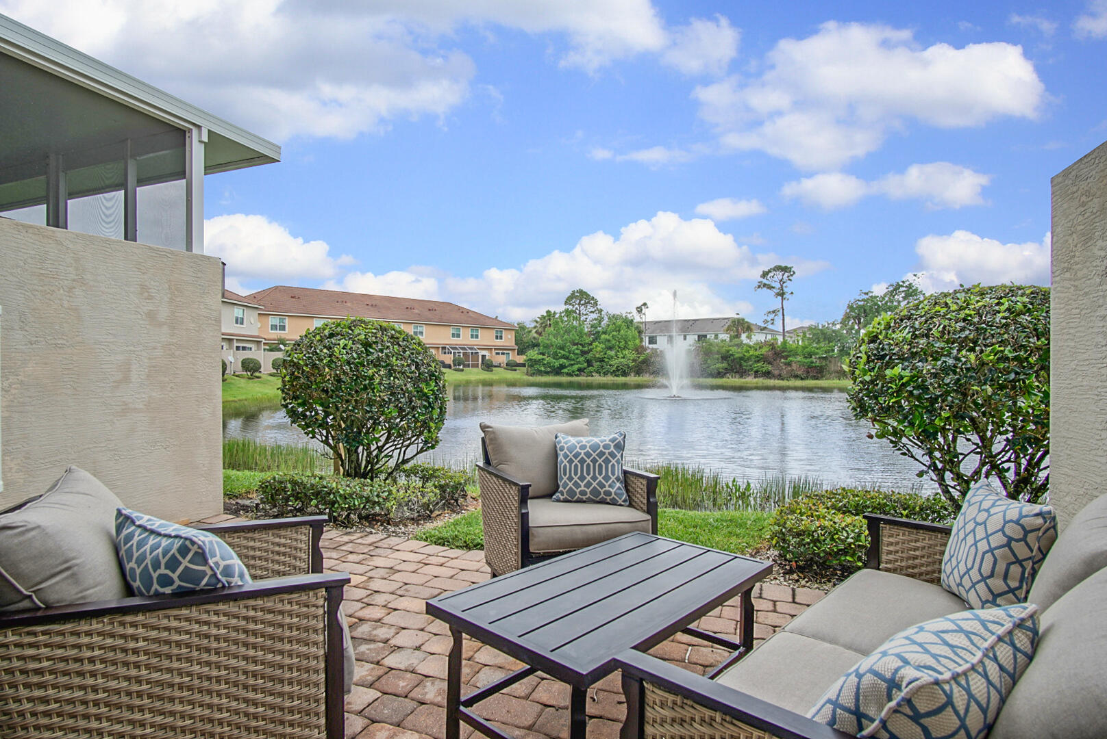 a view of a patio in backyard