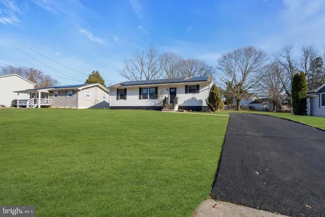 a view of a house with a big yard potted plants and large tree