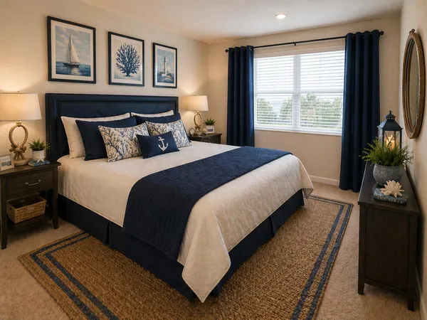 a bedroom with bed lamp and a large window