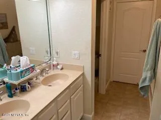 a bathroom with a sink and a mirror