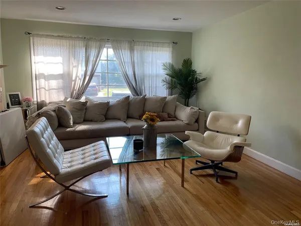 a living room with furniture and a potted plant