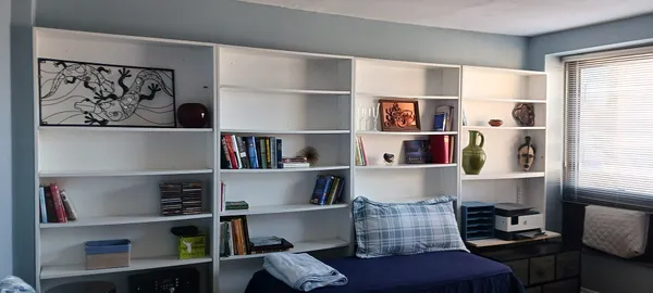 a room with a book shelf