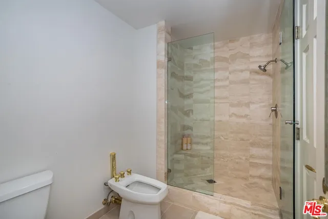 a bathroom with a shower and a toilet