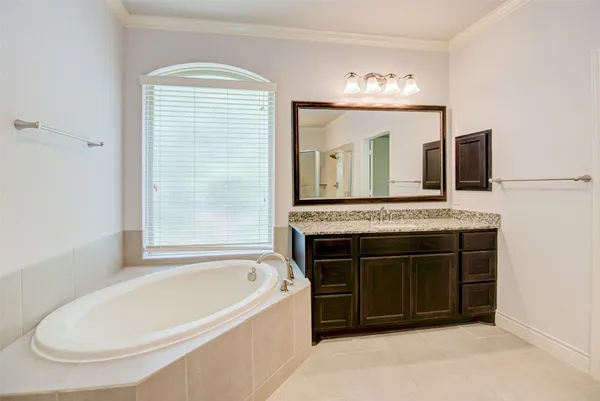 a bathroom with a tub a double vanity sink and a mirror
