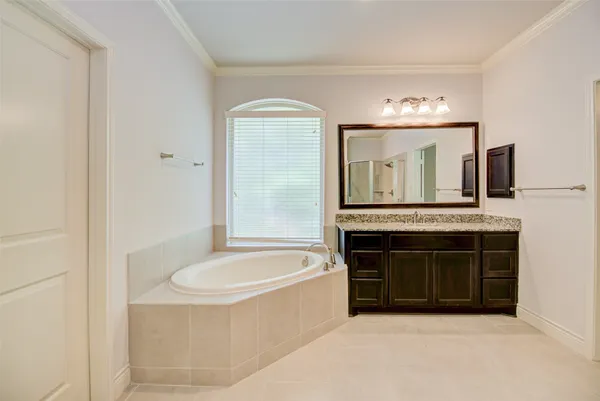 a bathroom with a tub a sink and a large mirror