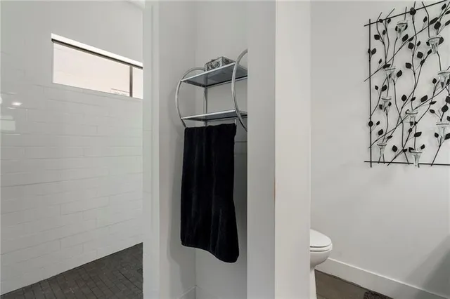 a bathroom with a shower and a toilet