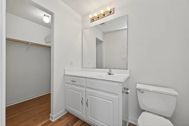 a bathroom with a toilet sink vanity and mirror