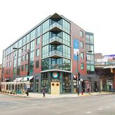 a view of a building and a street