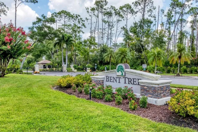 a garden with trees in front of it