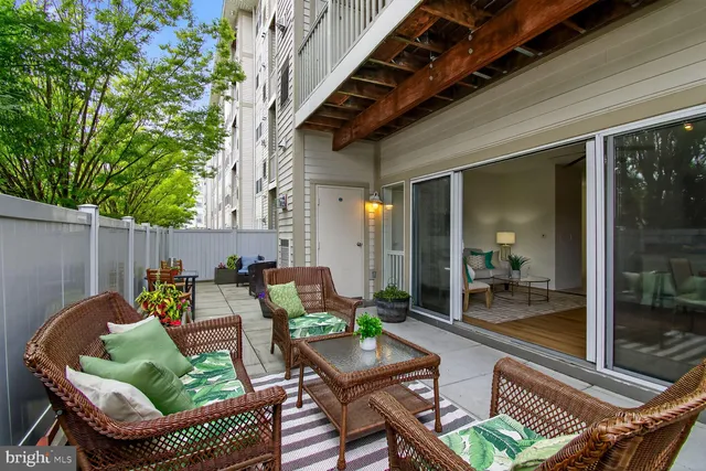 a building outdoor space with patio furniture