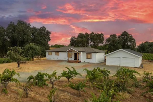 a view of a house with a yard and potted plants