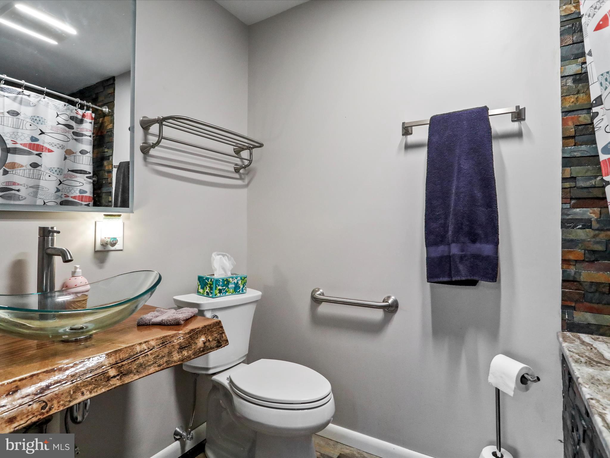 468 Pritts Road Swanton, MD 21561 - Photo 18 of 58 a bathroom with a granite countertop toilet sink and mirror