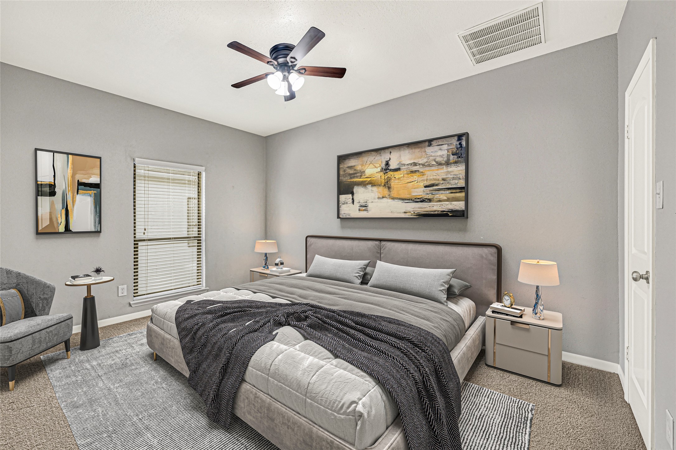 2425 Augusta Drive, Unit 29 Houston, TX 77057 - Photo 24 of 30 This secondary room on the second floor features neutral gray walls, a ceiling fan with lights, and a window with blinds, offering a bright and versatile space. The carpeted floor adds warmth and comfort.
