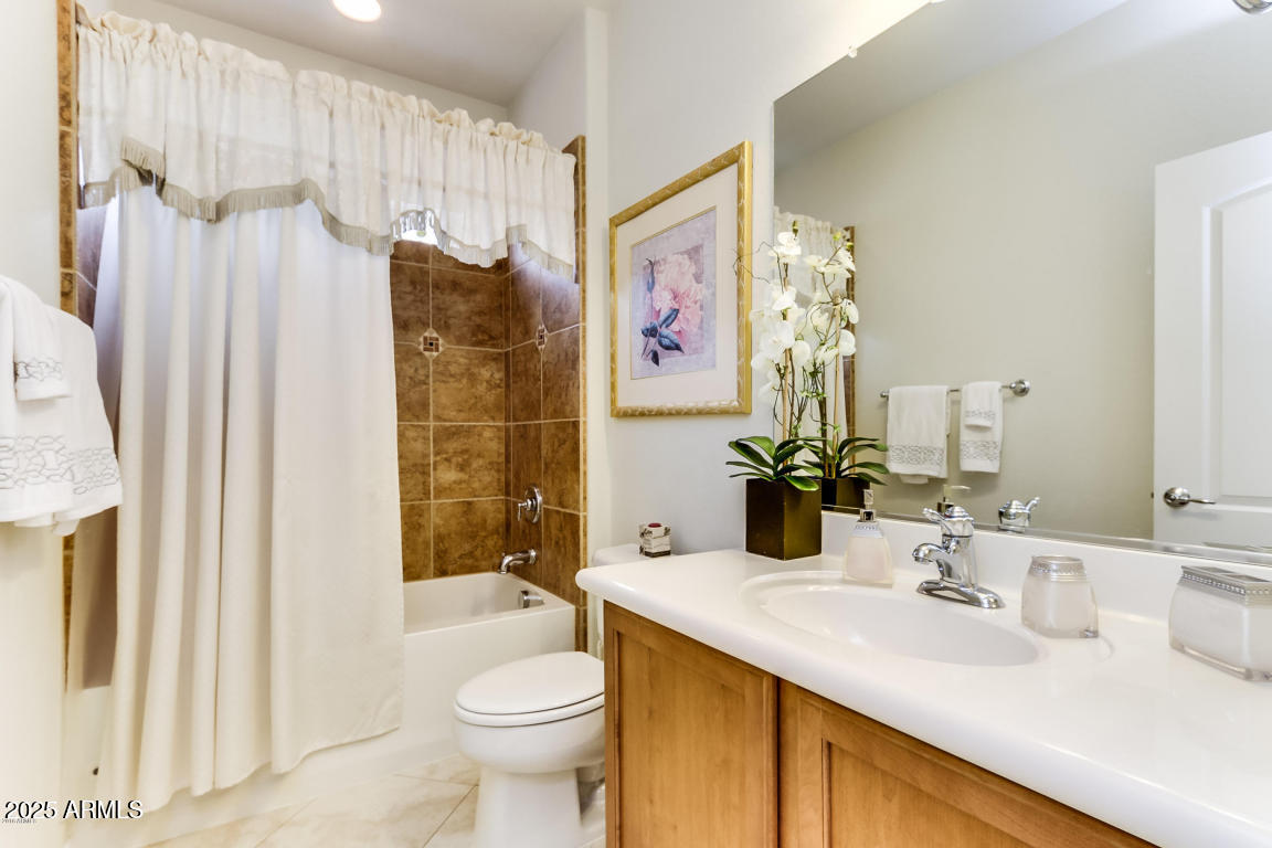 1827 West Black Hill Road Phoenix, AZ 85085 - Photo 28 of 49 a bathroom with a sink a toilet and shower curtain