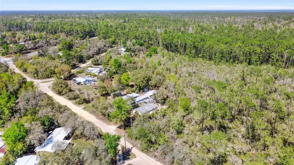 an aerial view of residential houses with outdoor space and trees