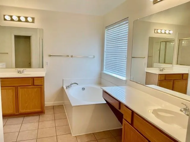 a bathroom with a tub sink and mirror
