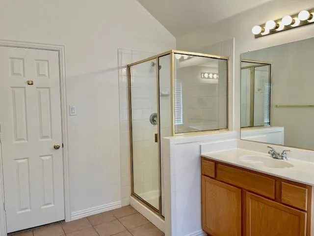 a bathroom with a shower sink and mirror