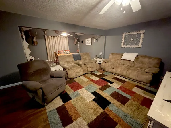 a living room with furniture and a rug