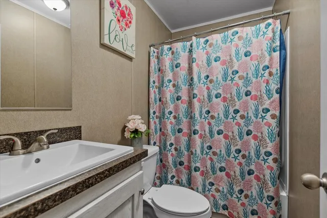a bathroom with a granite countertop sink and a toilet