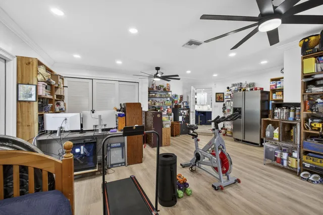 a view of a park with large trees