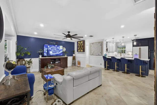 a view of a dining room with furniture