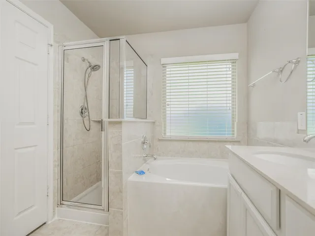 a bathroom with a shower and a bath tub