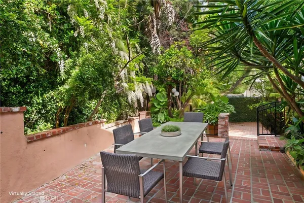 a view of a backyard with large trees