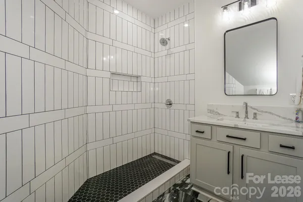 a bathroom with a sink a mirror and shower