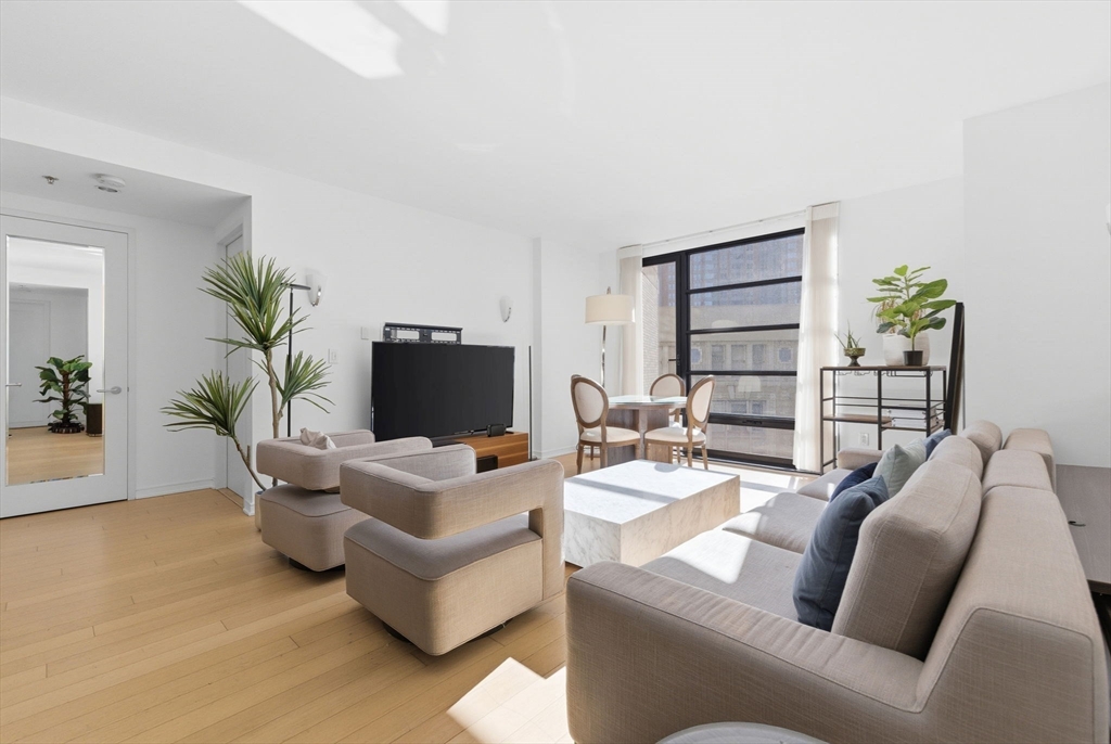 a living room with furniture and a potted plant