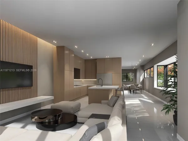 a living room with furniture a flat screen tv and a window