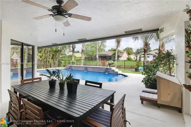 a view of a dining room with furniture window and outside view