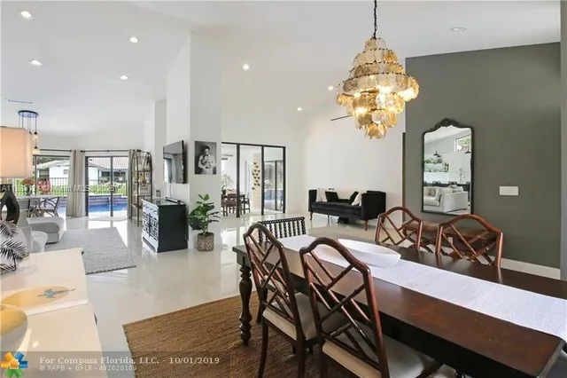 a view of a dining room with furniture wooden floor and chandelier