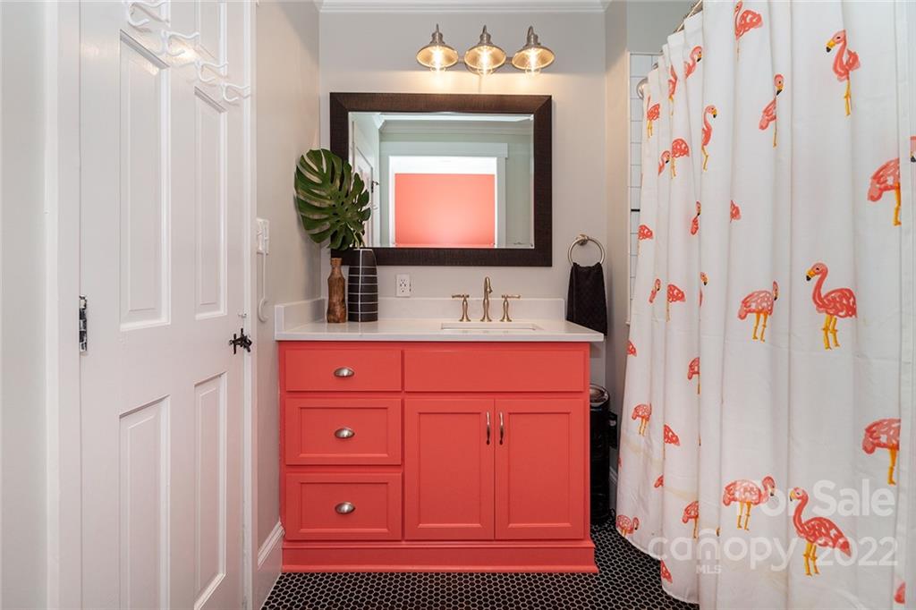 4301 Eagle Lake Drive Charlotte, NC 28217 - Photo 24 of 41 a bathroom with a sink a mirror and a shower curtain