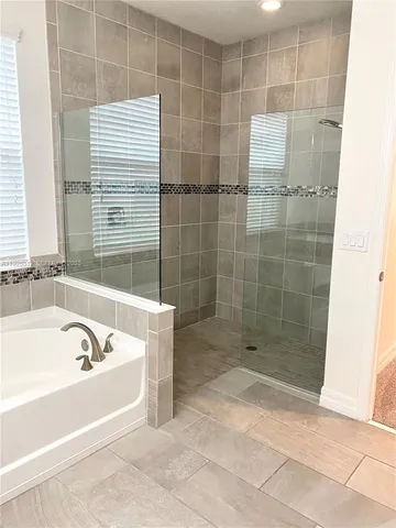 a bathroom with a bathtub and a shower