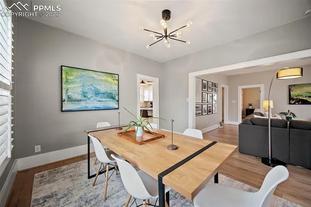a view of a dining room with furniture
