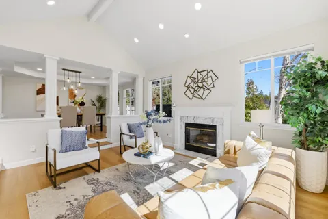 a living room with furniture a fireplace with wooden floor