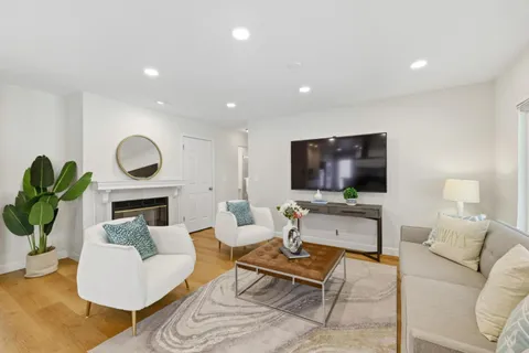 a living room with furniture a flat screen tv and a potted plant