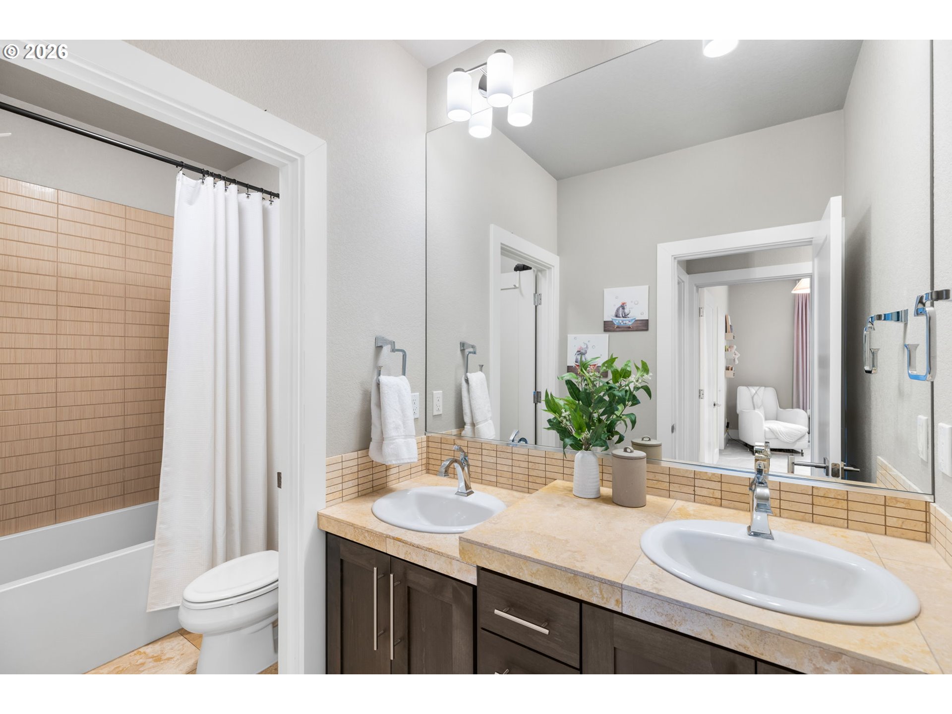 2025 North Alberta Street Portland, OR 97217 - Photo 42 of 48 a bathroom with a granite countertop sink toilet a large mirror and shower