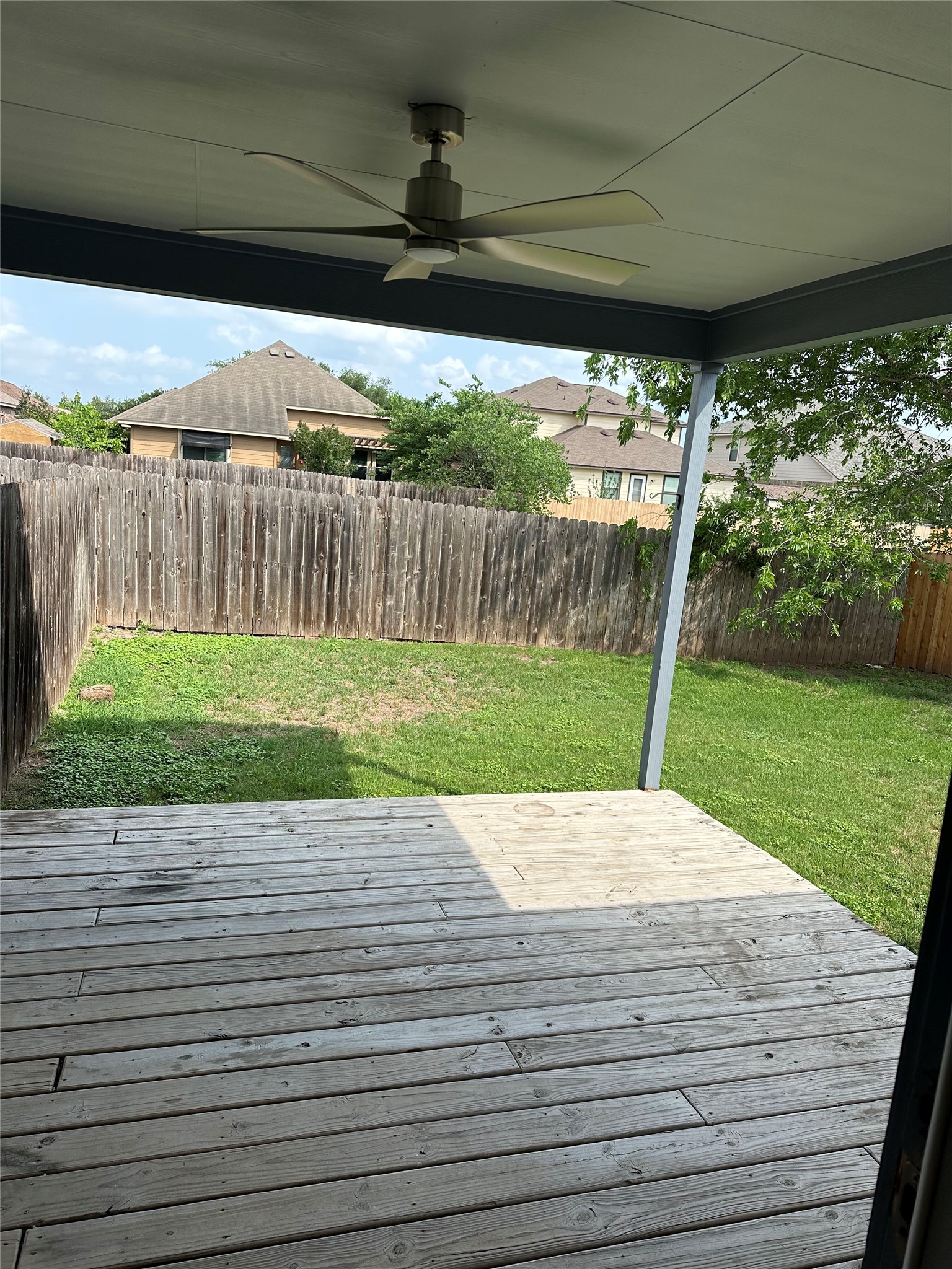 2743 Maple Tree Road, Unit A New Braunfels, TX 78130 - Photo 9 of 18 Wooden deck with a fenced backyard and a ceiling fan