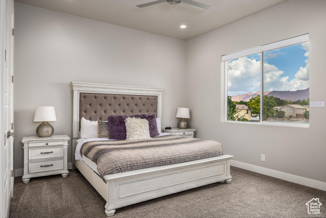 2600 Ocotillo Way, Unit 34 Santa Clara, UT 84765 - Photo 18 of 43 Carpeted bedroom featuring a mountain view, a ceiling fan, and recessed lighting