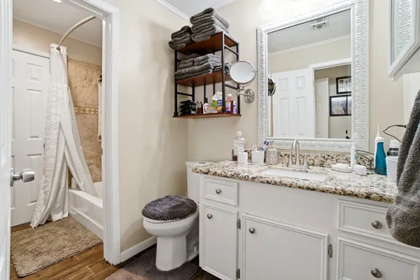 a bathroom with a granite countertop sink toilet and a mirror